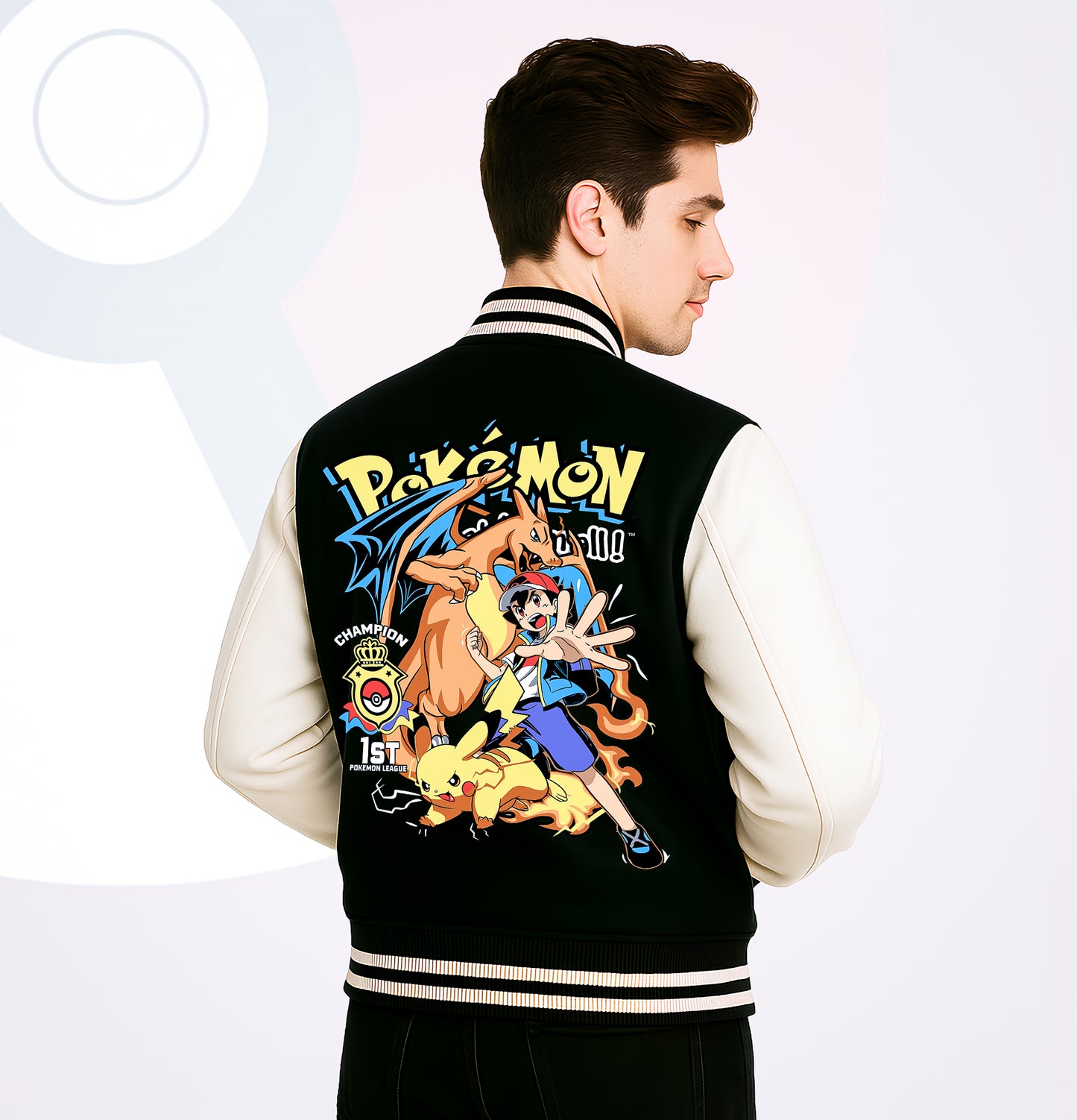 FantasyFit black and white pokemon varsity jacket featuring colorful Charizard, Ash, and Pikachu graphic on the back