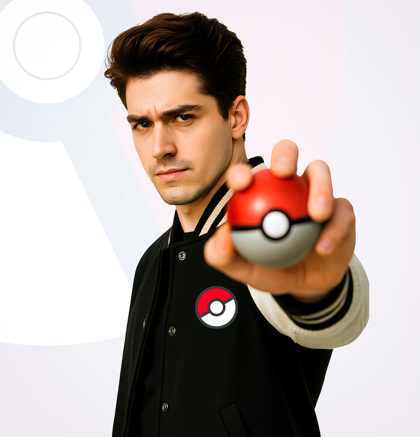Man wearing black pokemon varsity jacket holding a Pokeball with serious expression