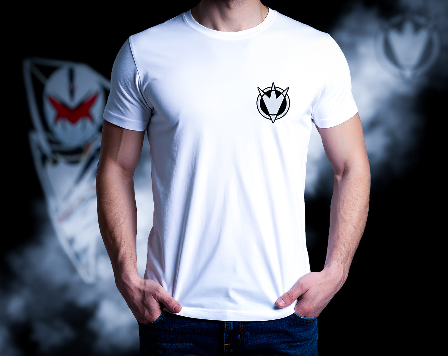 FantasyFit white Power Rangers Dino Thunder tee with black logo on chest worn by male model