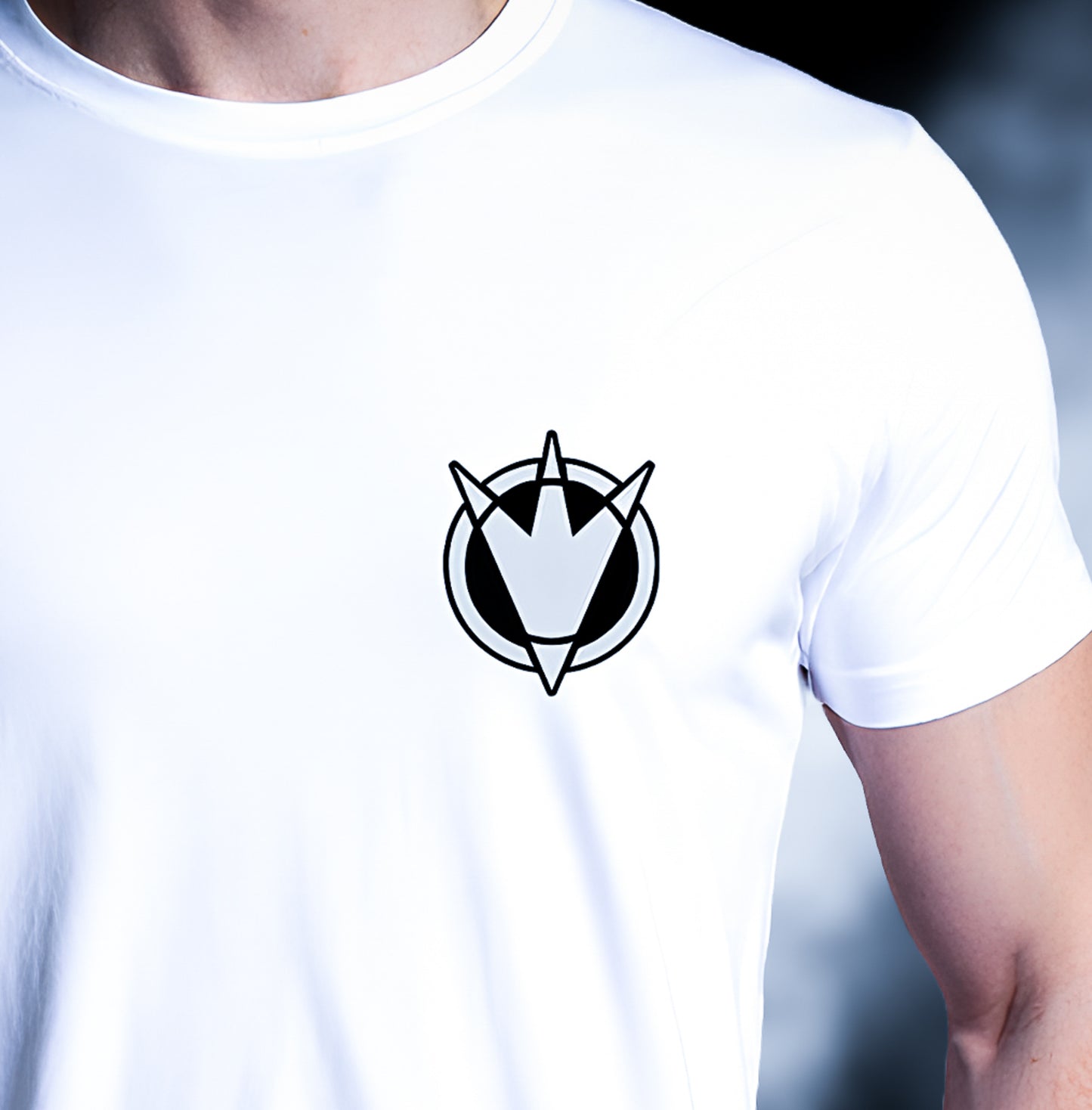 FantasyFit white Power Rangers Dino Thunder tee with black logo on chest and short sleeves