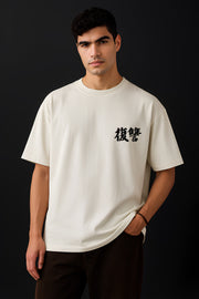 Male model wearing FantasyFit Sasuke Uchiha oversized t-shirt in cream with small black Japanese chest print