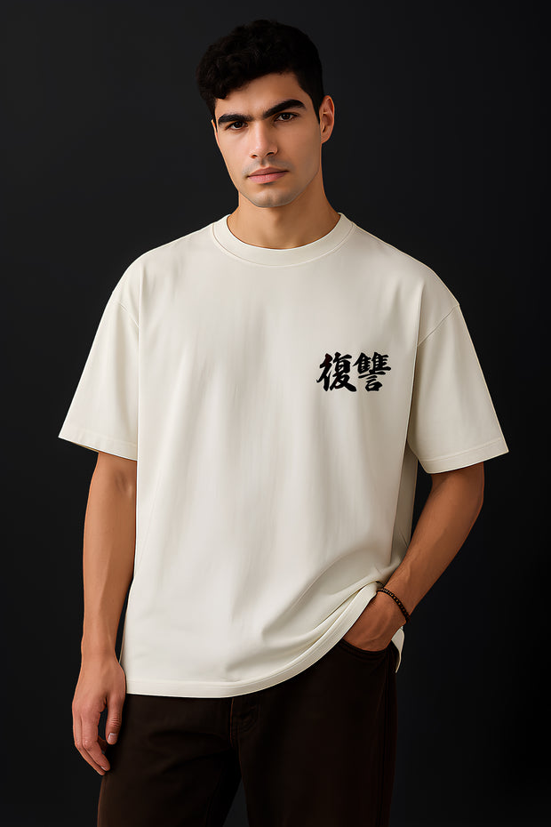 Male model wearing FantasyFit Sasuke Uchiha oversized t-shirt in cream with small black Japanese chest print