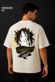 Sasuke Uchiha oversized t-shirt beige back print with stylized black and white Sasuke portrait and yellow eye