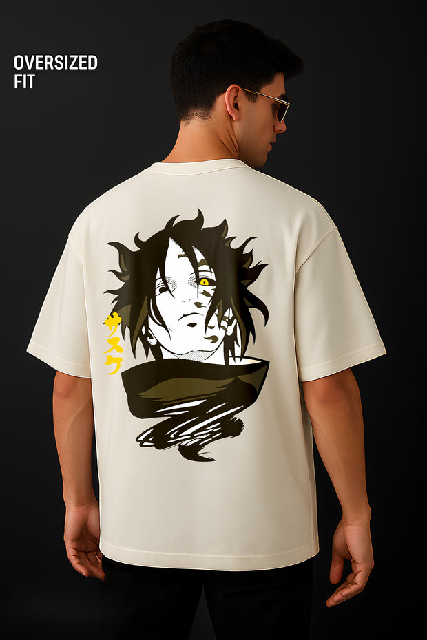 Sasuke Uchiha oversized t-shirt beige back print with stylized black and white Sasuke portrait and yellow eye