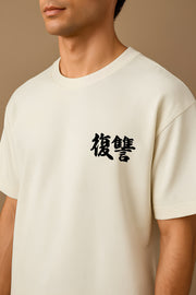 Sasuke Uchiha oversized t-shirt by FantasyFit cream tee with small black kanji chest print worn by male model