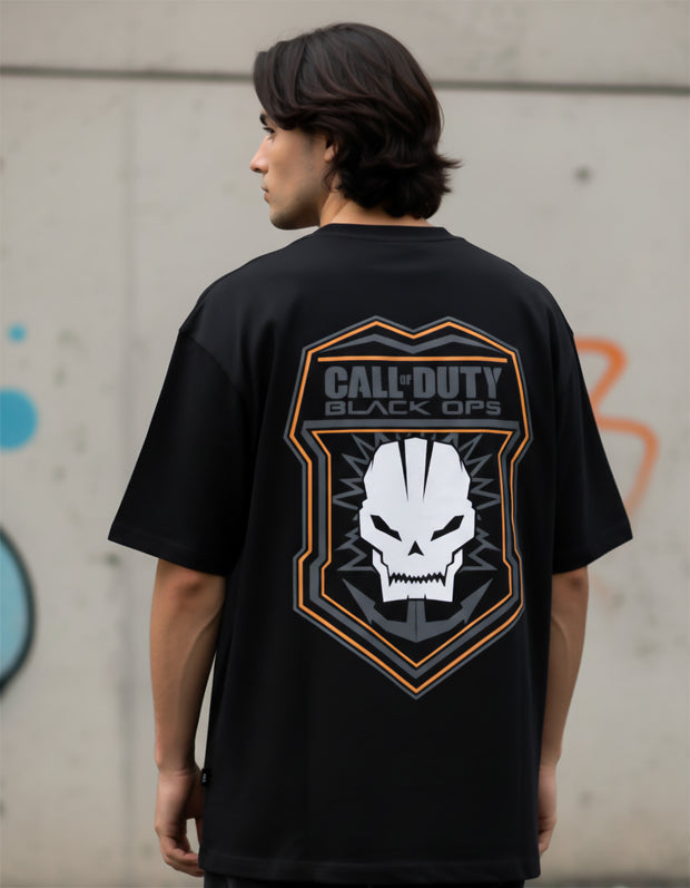 Back view of a Call of Duty Black Ops oversized t-shirt featuring a skull graphic and bold logo