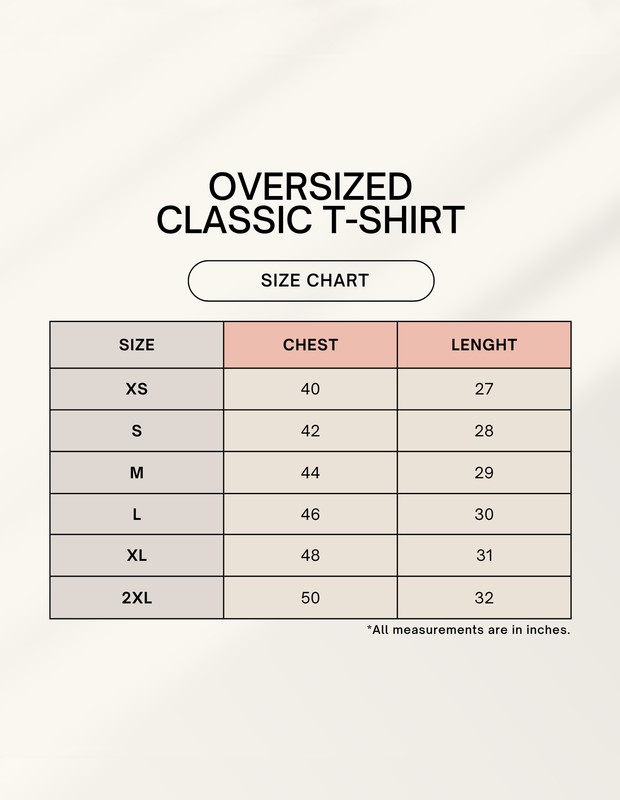 Size chart for Oversized Classic T-Shirt with measurements for Call of Duty Black Ops oversized t-shirt