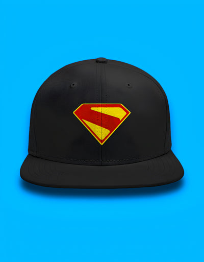 FantasyFit black Superman snapback cap with red and yellow distressed emblem on front and flat brim