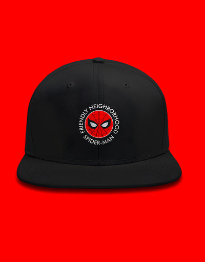 FantasyFit black flat brim Spider-man embroidered snapback cap with red embroidered Spider-Man face patch centered on front