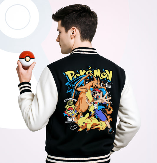 FantasyFit black and white pokemon varsity jacket with colorful Pokemon characters and logo on the back