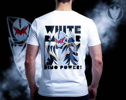 FantasyFit Power Rangers Dino Thunder tee showing the White Ranger design with Dino Power text on the back