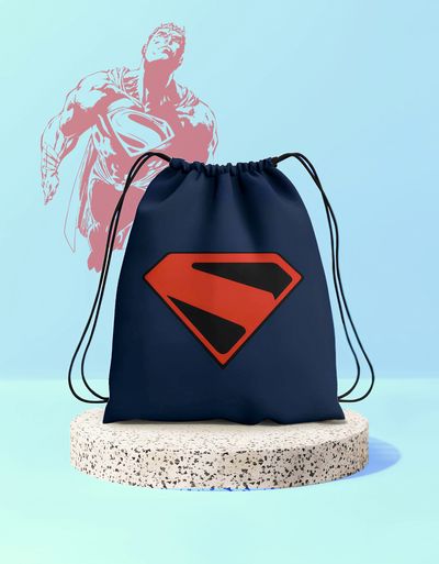 FantasyFit superman inspired drawstring backpack in navy blue with red logo and black straps