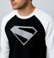 FantasyFit Superman Raglan t-shirt with black body and white sleeves featuring a silver Superman logo