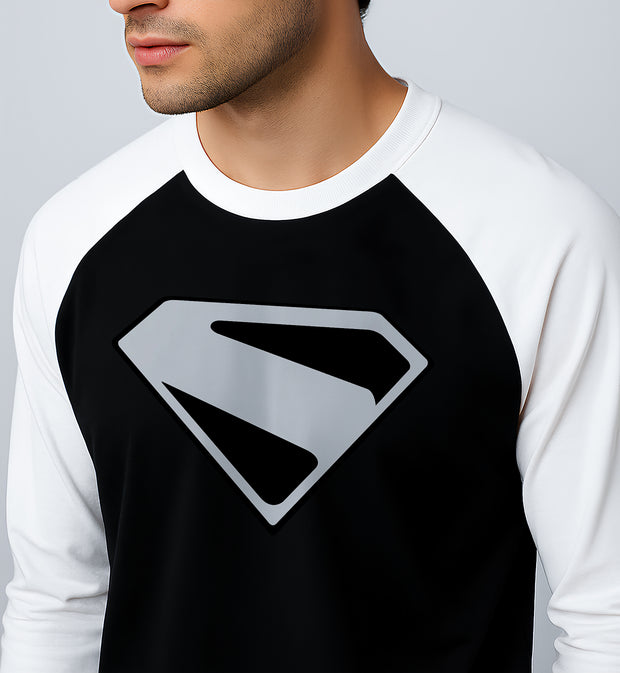 FantasyFit Superman Raglan t-shirt with black body and white sleeves featuring a silver Superman logo