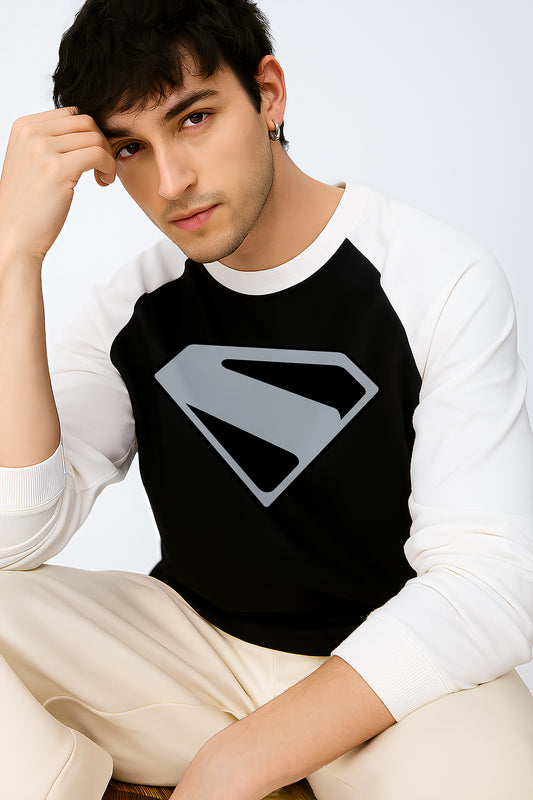 FantasyFit Superman Raglan t-shirt with black body and white sleeves featuring gray Superman logo